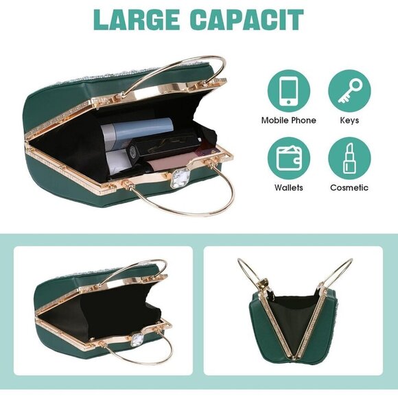 Women Green Sparkly Crystal Clutch Rhinestone Diamond Handbag - Picture 3 of 7